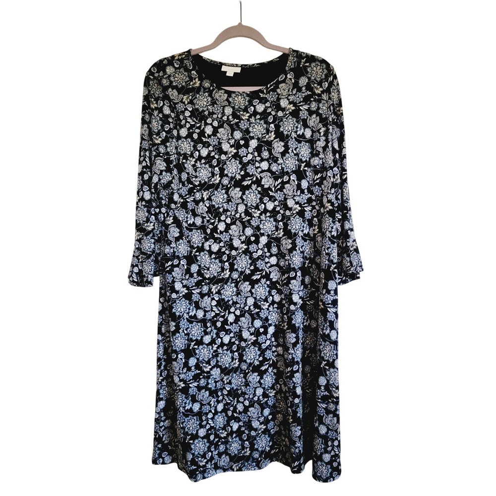 J. Jill L Black Blue Prairie Long Sleeve Dress Cottagecore Midi LS Floral NEW‎